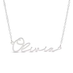 A graceful style, this personalized name necklace is a sweet casual look. Crafted in sterling silver, this design showcases a name - between two and 10 characters in length - sculpted in a calligraphy script font. Polished to a bright shine, this name art suspends centered along a 16.0-inch rolo chain that secures with a spring-ring clasp. Adjustable Name Necklaces, Adjustable Necklaces With Names, Silver Initial Pendant Name Necklace, Classic Sterling Silver Initial Pendant Name Necklace, Engraved White Gold Initial Pendant Name Necklace, White Gold Nameplate Necklace With Names, Elegant Personalized Name Charm Necklace, Sterling Silver Name Necklace For Personalized Gift, Classic Sterling Silver Initial Pendant Necklace