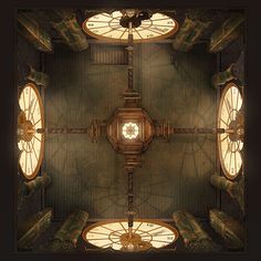 an overhead view of clocks in a building