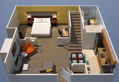 an overhead view of a bedroom and living room in a small apartment with stairs leading up to the second floor