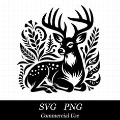 a black and white silhouette of a deer surrounded by plants, leaves and berries with the words svg png commercial use