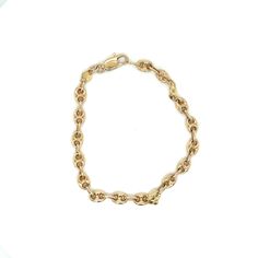 "Vintage 14k Yellow Gold Anchor Link Bracelet. The gold anchor links are solid and it comes with a yellow gold lobster claw clasp. The bracelet measures 7 3/16\" long and 5mm wide. This bracelet weighs 6.65g." Formal Gold Bracelet With Rolo Chain, Formal Gold Rolo Chain Bracelet, Formal 14k Gold Bracelet With Lobster Clasp, Yellow Gold Link Bracelet With Lobster Clasp, 14k Gold Bracelet With Lobster Clasp For Formal Occasions, Yellow Gold Oval Link Bracelet With Gold Clasp, 14k Gold Bracelet With Lobster Clasp And Rectangular Links, Formal 14k Gold Chain Bracelet With Lobster Clasp, Formal Gold Chain Link Bracelet With Lobster Clasp