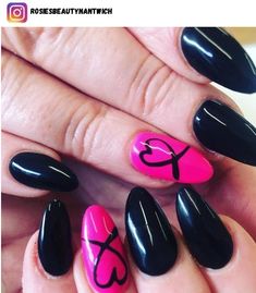 Hot Pink And Black Ombre Nails, Black With Pink Nails, Bright Pink And Black Nails, Black Nails With Pink Design, Black Barbie Nails, Black Hot Pink Nails, Pink Black Nails Designs, Black And Pink Valentine Nails, Black And Neon Pink Nails