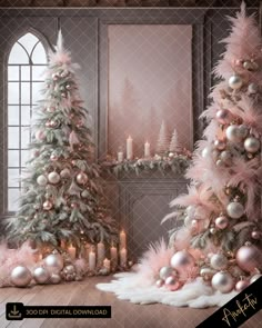 two christmas trees decorated with pink and silver ornaments