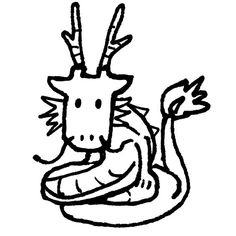 a black and white drawing of a dragon holding a banana in it's mouth