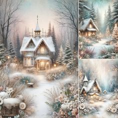 a christmas scene with a house in the snow