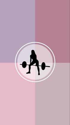 a woman lifting a barbell in front of a pink and purple background with an oval frame