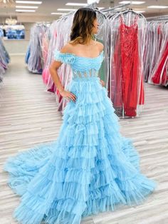 Off the Shoulder Light Blue Ruffle Tulle Long Prom Dresses #prom #promdress #promdress2024 #formaldress #eveningdress Light Blue Formal Dresses, Formal Dresses Light Blue, Light Blue Dress Formal, Prom Dresses Off Shoulder, Blue Formal Dresses, Dresses Light Blue, Dresses Off Shoulder, Blue Dress Formal, Prom Ball Gown