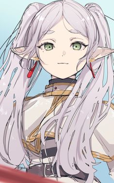 an anime character with long white hair and green eyes