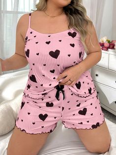 Heart Printed Ruched Cami Top Shorts Pajama Set Pink Casual-Young    Geometric Pant Sets Slight Stretch All Women Plus Sleep and Lounge, size features are:Bust: ,Length: ,Sleeve Length: Satin Pj Set, Shorts Pajama Set, Satin Cami Top, Plus Size Pajamas, Lace Cami Top, Pant Sets, Pink Collar