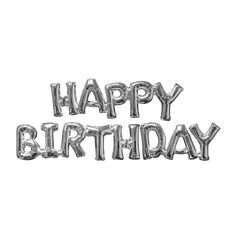 the words happy birthday are made out of silver foil balloons on a white background,