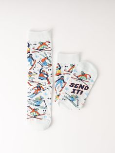 These Send It socks are the ultimate accessory for those who like to shred. The vibrant ski-themed design features skiers pulling off tricks. These socks are one-size-fits-most, making them perfect for men, women, and teens. They comfortably fit most men with shoe size 6-12, and women's size 7 and up. Super soft, they are made from a luxurious premium performance blend allowing for breathability and stretch. Size: One size fits most (U.S. Men's size 6-12, Women's size 7-11).Materials: 75% Combed Ski Trip Goodie Bags, Apres Ski Style, Ski Style, Ski Gifts, Holiday Puzzle, Seasonal Candles, Ski Socks, Ski Girl, Ski Fashion