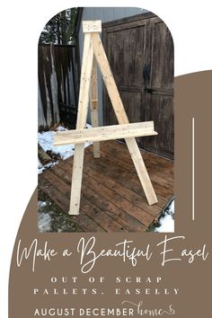 MAKE A BEAUTIFUL EASEL OUT OF SCRAP PALLETS Diy Floor Easel Stand, Easel Tv Stand Diy, Sign Stands Diy Display Ideas, Diy Wood Box Ideas, Diy Wedding Easel, Easel Stand Diy, Diy Wood Easel Stand, Pallet Picture Display, Wedding Easel