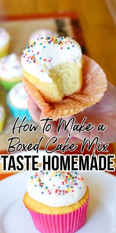 cupcake on a plate Cake Mix Recipes Boxed, Cake Mix Taste Like Homemade, Make Cake Mix Taste Homemade, Box Cake Mix Taste Homemade, Cake Mix Taste Homemade, Cake Mix Recipes Homemade, Doctored Cake Mix Recipes, Cake Mix Doctor, Cake Mix Cupcakes