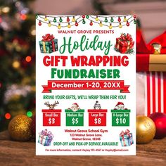 Holiday Gift Wrapping Fundraiser Flyer Template | Christmas Fundraising Event Invitation Santa Breakfast, Diy Holiday Gift Wrapping, Church Community, Holiday Flyer Template, Fundraiser Ideas, Fundraising Event