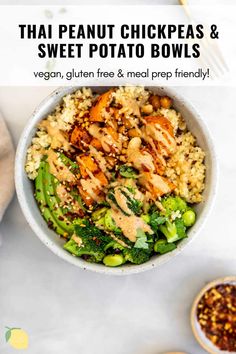 a bowl filled with chicken, broccoli and rice next to other food items