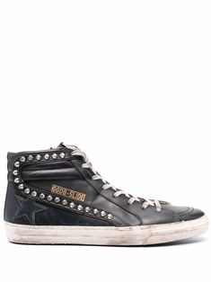 black leather/fabric distressed effect silver-tone stud embellishment logo print to the side star patch detail short side zip fastening tonal stitching padded ankle lace-up detailing branded insole flat rubber sole Edgy Leather High-top Sneakers With Studded Outsoles, Edgy Leather High-top Sneakers, Casual Leather Sneakers With Studs, Low-top Leather Sneakers With Rivets, High-top Leather Sneakers With Spikes, Casual Leather Sneakers With Rivets, Black Leather High-top Sneakers With Spikes, Edgy Leather Sneakers With Spikes, Casual Low-top Sneakers With Rivets