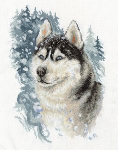 a cross - stitch picture of a husky dog with snow on it's head