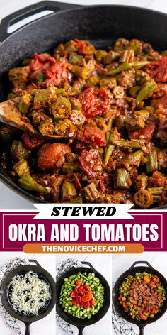 an image of okra and tomatoes in a skillet with the title above it