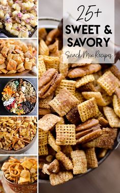 sweet and savory snack mix recipe collage with images in the bottom left corner