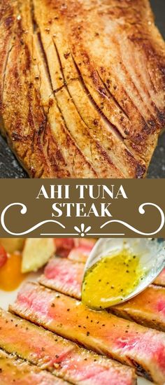 grilled steaks and vegetables on a plate with the words, ahtuna steak