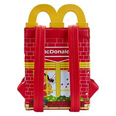 Find your happy place with this Happy Meal™ mini backpack. This figural backpack, shaped like a McDonald’s Happy Meal box, is filled with fun details. The red brick vegan leather façade features a window view into the festivities and characters inside. You’ll find Ronald McDonald™ passing by, with Hamburlgar™ looking through the window on the front. Side views include Grimace™ waving from inside, and the McDonald’s logo appears in the window on the other side. On the back, Birdie the Early Bird™ Novelty Red Travel Bag, Playful Red Backpack For Everyday Use, Playful Red Standard Backpack, Happy Meal Box, Find Your Happy Place, Meal Box, Find Your Happy, Mcdonald's Happy Meal, Loungefly Bag