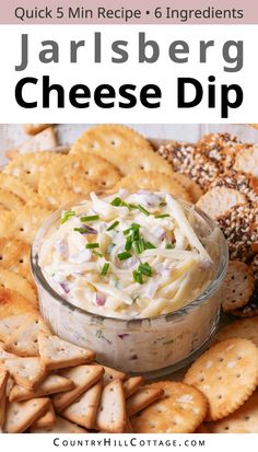 an appetizer with cheese dip and crackers on the side is featured in this recipe