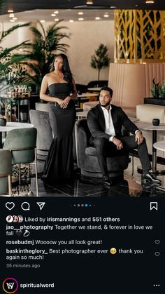 a man and woman sitting in chairs next to each other, posing for the camera