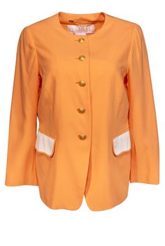 Current Boutique-Escada - Sherbet Orange Jacket w/ Gold-Tone Details Sz S Luxury Orange Notch Lapel Blazer, Luxury Orange Outerwear With Button Closure, Pastel Orange, Orange Jacket, Casual Jackets, Something Old, Interior Fabric, White Fabric, Fashion Street