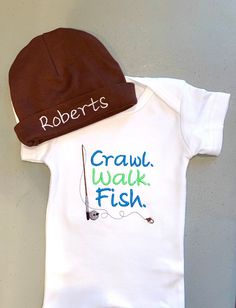 "Baby Boy Clothes at its cutest! Crawl. Walk. Fish. is an adorable fishing themed bodysuit that is embroidered with blue and green thread. Add a hat (fits 0-9months) or pacifier clip to complete the outfit (additional cost). Makes a special gift for a baby shower! About the bodysuit and hat: Great quality bodysuit and hat. Both made by WeeWearz and are 100% Ring-spun Combed Interlock Cotton. Bodysuit has three-snap bottom closures that match the color of the garment, and are machine washable and Fish Nursery Theme, Boy Onsies, Fishing Baby Shower Theme, Clothes Country, Baby Shower Fishing, Fishing Baby, Fishing Nursery, Baby Boy Christmas Outfit, Baby Boy Christmas