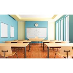 an empty classroom with desks and chairs in front of a whiteboard on the wall