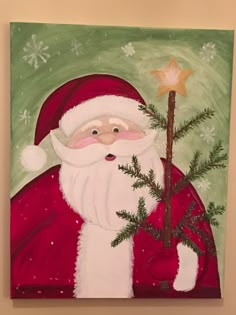 a painting of santa holding a christmas tree with a star on it's head