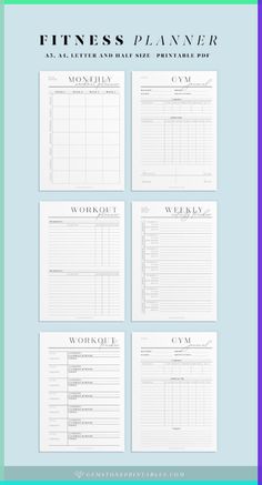 the printable fitness planner is shown in four different colors and font, along with an additional