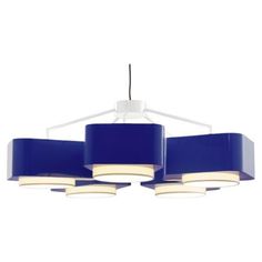 three blue lamps hanging from a ceiling fixture with white lights on each end and one light in the middle