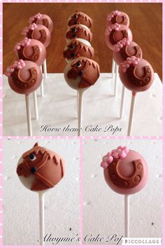 cake pops decorated with pink icing and chocolate horse heads are on top of each other