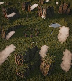 an aerial view of some rocks and trees in the grass with clouds floating over them