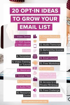 an email list with the words, 20 opt - in ideas to grow your email list