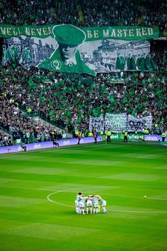 a group of soccer players huddle together on the field in front of an audience