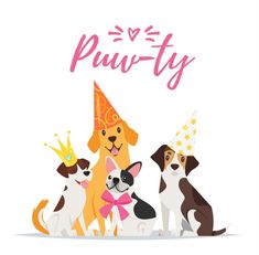 three dogs wearing party hats with the words purvy