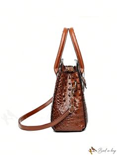 BirdinBag - Crocodile Pattern Tote Bag: Classic Design with Metal Embellishments & Dual Handles Brown Handheld Bag With Crocodile Pattern, Brown Crocodile Pattern Handheld Bags, Elegant Brown Bag With Crocodile Pattern, Elegant Brown Crocodile Pattern Shoulder Bag, Elegant Brown Crocodile Pattern Bag, Metal Embellishments, Adjustable Bag, Crocodile Pattern, Tote Pattern