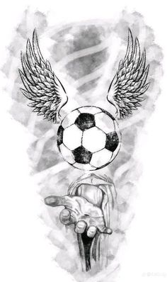 a drawing of a hand holding a soccer ball with wings on it and the words,'i love football '