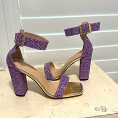 These Are A European Size 39 Which Is A U.S Size 7.5 - 8 Gold Sturdy Clasps On A Stretchy Strap. Perfect Height Of A 4.25 Inch Heel. Glitter Doesn’t Fall Off. Didn’t Have Tags When Purchased. You Can Tell From Bottom Of Heel These Are New And Have Never Been Worn Purple Prom Shoes, Dark Purple Heels, Strap Up Heels, Glass Heels, Shein Shoes, Shoes Purple, Purple Heels, Yellow Heels, Lace Up High Heels