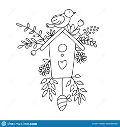 a birdhouse with flowers and leaves around it on a white background in black and white