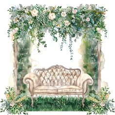 a watercolor drawing of an old couch with greenery around it