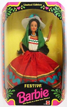 a barbie doll in a red dress and white hat with green shawl on her head