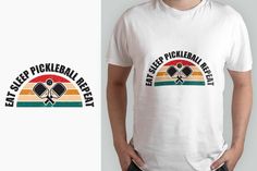 a man wearing a white t - shirt with the words eat sleep pickleball repeat on it