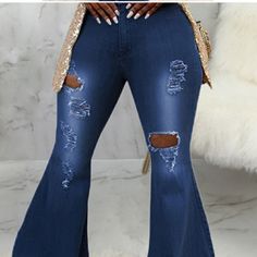 Bell Bottom Blue Jeans Distressed-Hole Design Frayed Hemline S-Waist (28 M-Waist (30 L-Waist (32 Xl-Waist (34 Light Stretch 94%Polyester 5%Spandex Jeans Distressed, Bell Bottom, Jeans Color, Colored Jeans, Bell Bottoms, Flare Jeans, Blue Jeans, Wide Leg, Women Jeans