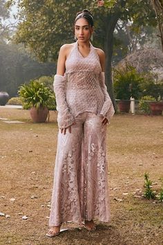 Pink kurta featuring a halter neckline with cutdana and sequin embroidery. Paired with a floral embroidered sharara and a matching dupatta., Fit: Relaxed Embroidered Sharara, Kurta Sharara Set, Kurta Sharara, Pink Kurta, Sequin Halter, Sequin Embroidery, Sharara Set, Women Kurta, Sequins Embroidery