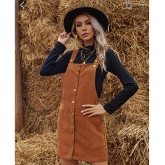 Shein Button Front Corduroy Overall Dress Never Worn Orange/Brown Color Front Pockets Great For Layering Over Mock Neck! Size Medium Corduroy Jumper Outfit, Corduroy Overall, Thanksgiving Outfit Women, Dresses Shein, Corduroy Overall Dress, Jumper Outfit, Shein Dress, Button Front Dress, Corduroy Dress