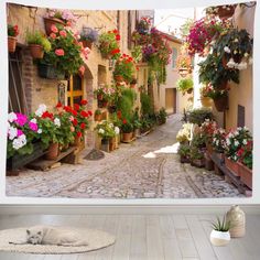 a cat is sleeping on the floor in front of some potted plants and flowers