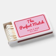 the perfect match matches are in a pink box with white matchesticks on top